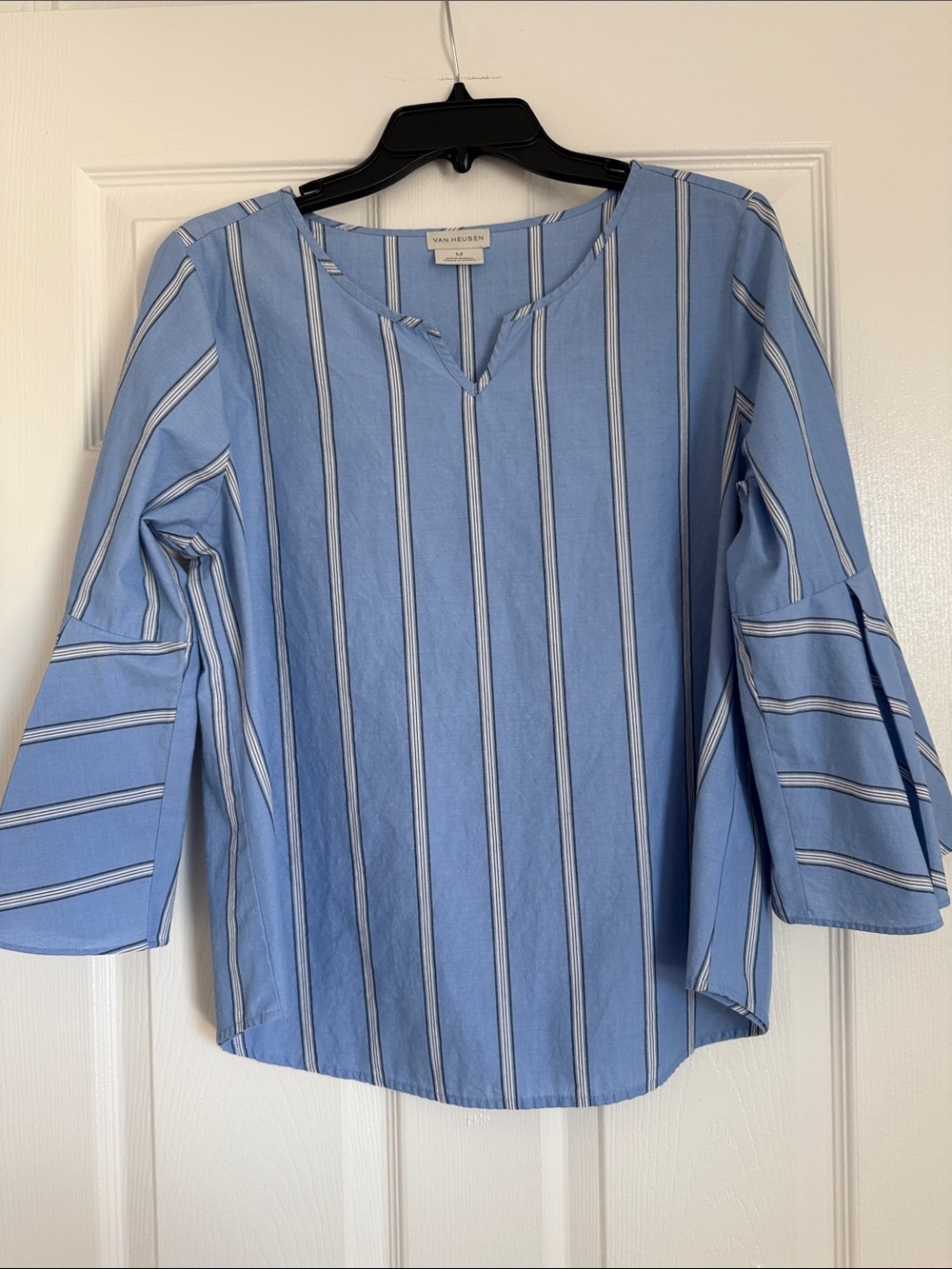 Van Heusen Light Blue and White Vertical Stripe Bell-Sleeve Blouse